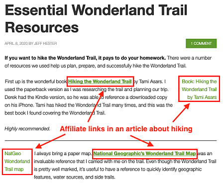 a hiking article showing examples of using affiliate links
