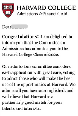 acceptance notification from Harvard