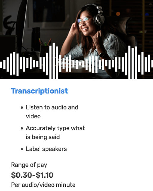 image of a women smiling while transcribing audio plus pay info for rev.com