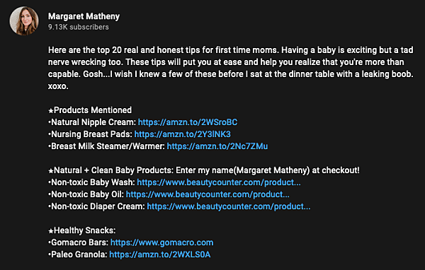 list of affiliate links about baby products on a youtube video