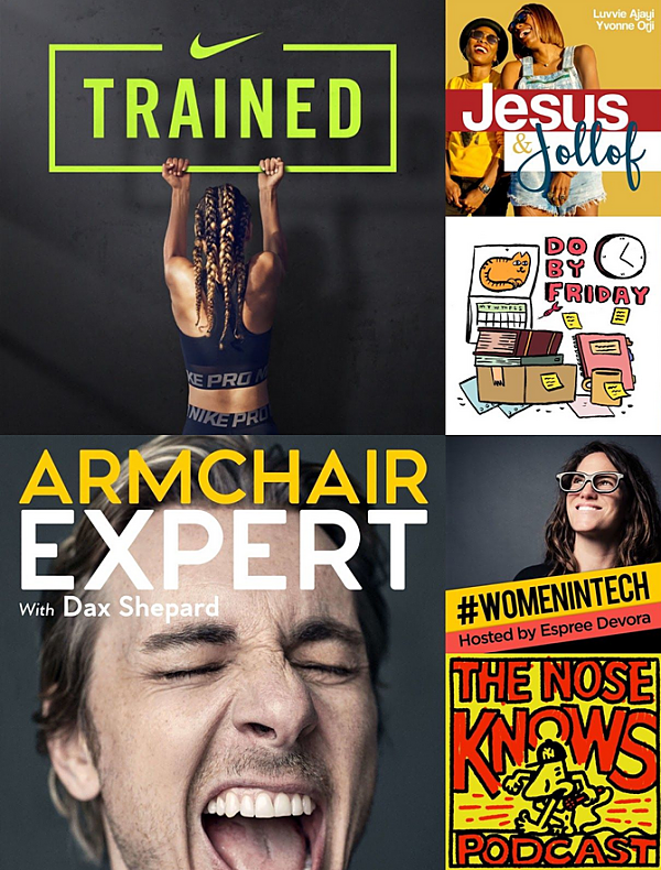 assortment of podcast thumbnails including nike & dax shepard