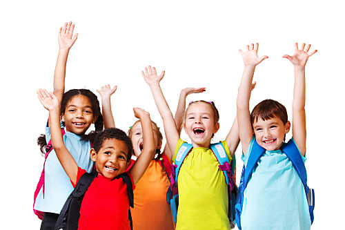group of after school program kids with their hands in the air