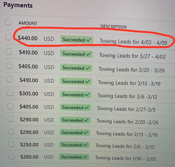 $400 weekly stripe payments received for a towing lead generation property