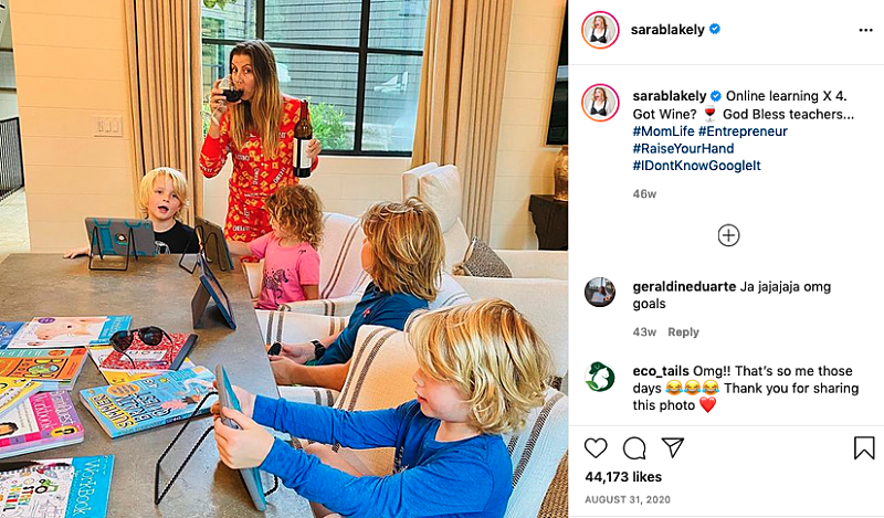 sara blakely trying to home school her kids while drinking wine